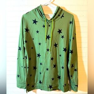 Women’s Medium pullover green hoodie with navy stars. Not sure of brand